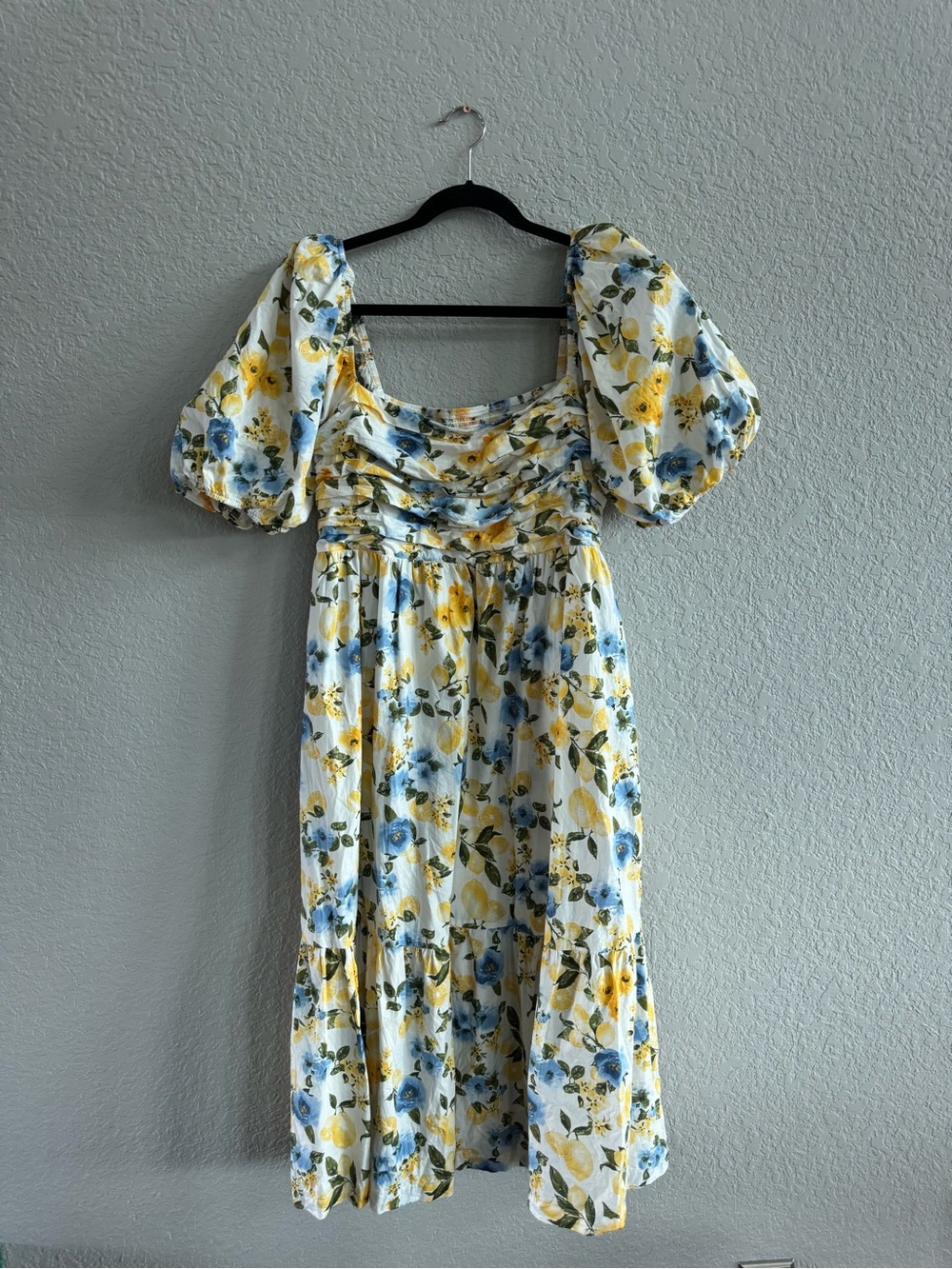 Francesca's Collections White Midi Dress with Yellow & Blue Floral Print